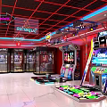 Spacious Arcade Featuring Neon Lights Game Machines Dance Machines Red Decor And Blue Lighting