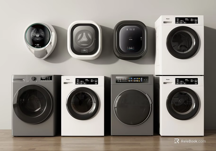 Modern Wall Mounted and Front Loading Washing Machines in White and Gray Design 3d model 