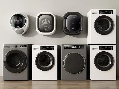 Modern Wall Mounted and Front Loading Washing Machines in White and Gray Design 3d model