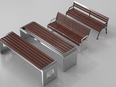 Modern Outdoor Benches With Wooden Slats Seats And Metal Frames Minimalist Design 3d model