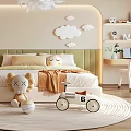 Modern Kids Room Interior Design With Cloud Decorations Bed Stuffed Toys And Storage Cabinets