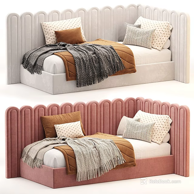 Pink and Beige Kids Bed with Upholstered Headboard Pillows and Blankets 3d model 
