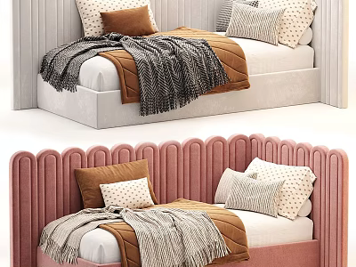 Pink and Beige Kids Bed with Upholstered Headboard Pillows and Blankets 3d model