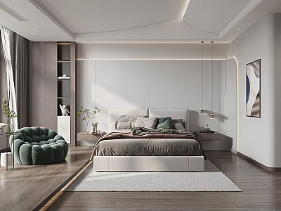 Modern Bedroom Interior With Comfortable Bed Green Accent Chair And Wooden Flooring 3d model