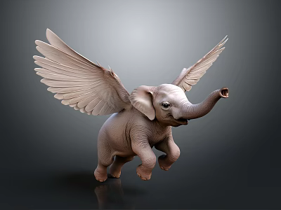 Winged Baby Elephant 3D Render In Flying Pose With Large Wings And Gray Background 3d model