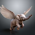 Winged Baby Elephant 3D Render In Flying Pose With Large Wings And Gray Background