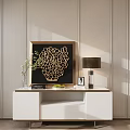 White Console Table With Gold Accents Lamp Decorative Painting Books Green Plant Vase
