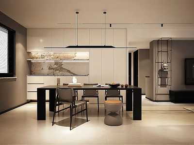 Modern Dining Living Room Interior With Dining Table Chairs Pendant Lights And Wall Design 3d model
