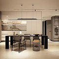 Modern Dining Living Room Interior With Dining Table Chairs Pendant Lights And Wall Design