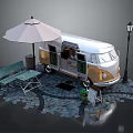 Stylish Vintage Food Truck Outdoor Setup With Umbrella Tables Chairs And Street Lamp