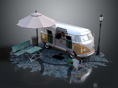 Stylish Vintage Food Truck Outdoor Setup With Umbrella Tables Chairs And Street Lamp 3d model