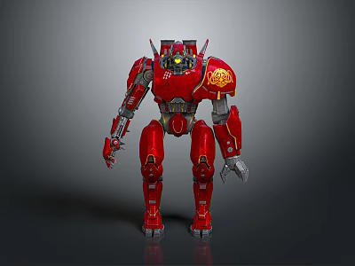 Red Robot Character With Humanoid Creature Design And Golden Shoulder Patterns 3d model