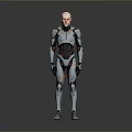 Futuristic Armored Character And Mechanical Being In Sleek Silver Black Red Armor Standing Pose