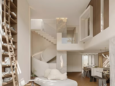 Modern Duplex Living Room Interior With Spiral Staircase White Sofa And Open Layout 3d model