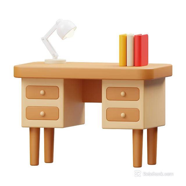 Stylish Pen Placed On Wooden Desk With Table Lamp And Colorful Books 3d model 