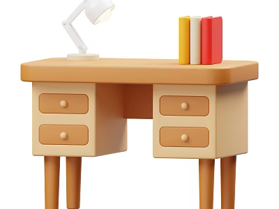 Stylish Pen Placed On Wooden Desk With Table Lamp And Colorful Books 3d model