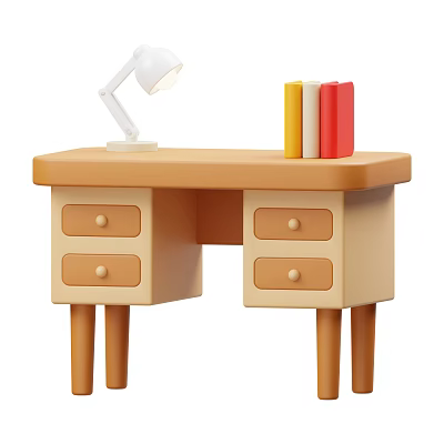 Stylish Pen Placed On Wooden Desk With Table Lamp And Colorful Books 3d model