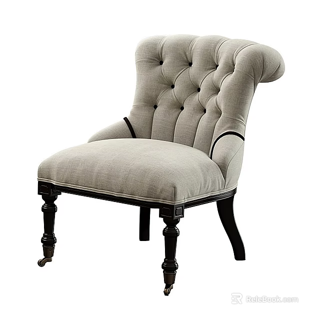 Elegant Light Gray Tufted Armchair With Rolled Arm And Dark Wooden Legs 3d model 
