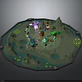 Futuristic Sci-Fi Scene Featuring Circular Platform Water Islands Rocky Mountains And Colorful Characters
