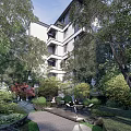 Serene Residential Landscape With Lush Trees Garden Pathway And Relaxation Area