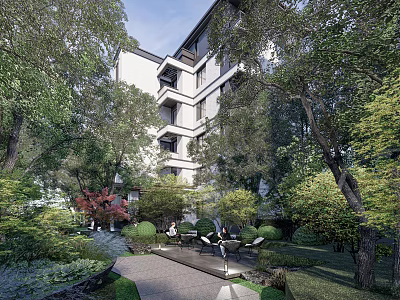 Serene Residential Landscape With Lush Trees Garden Pathway And Relaxation Area 3d model