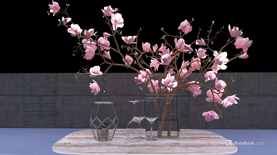 Pink Magnolia Flowers In Geometric Vase With Wine Glasses On Wooden Tabletop Against Gray Wall 3d model 