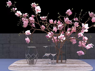 Pink Magnolia Flowers In Geometric Vase With Wine Glasses On Wooden Tabletop Against Gray Wall 3d model