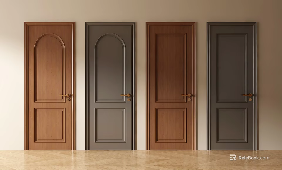 Four Wooden Hinged Doors With Brown And Gray Finishes And Panel Designs 3d model 