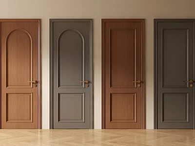 Four Wooden Hinged Doors With Brown And Gray Finishes And Panel Designs 3d model