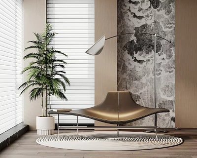 Golden Leather Lounge Chair With Modern Floor Lamp Potted Plant And Abstract Pattern Wall 3d model