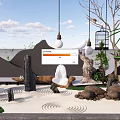 Dry Landscape Garden Featuring White Statue Raked Sand Stones Hanging Lights And Birdcage