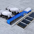 Industrial Equipment Setup For Concrete Production With Cement Mixer Trucks And Storage Bins