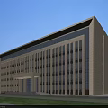 Modern Office Building With Stone Facade Large Glass Windows Main Entrance And Landscaped Lawn