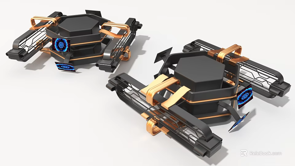 Industrial Equipment with Hexagonal Black Body Golden Metal Frames and Blue Indicator Lights 3d model 