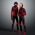Futuristic Characters In Red Neon Lined Full Body Suits Standing Together 3d model
