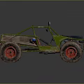 Green Off-Road Car With Roll Cage Exposed Engine Large Tires And Red Rims