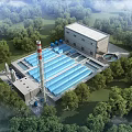 Modern Industrial Factory Building With Blue Roof Surrounded by Lush Green Trees And Tall Chimney