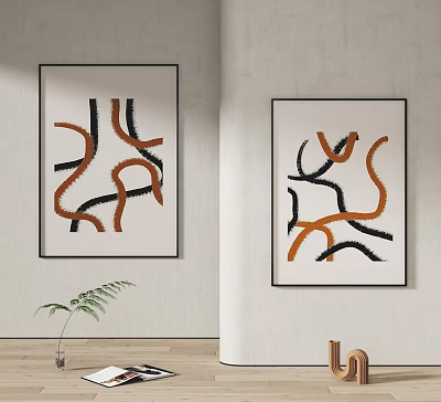Framed Abstract Wall Art Paintings With Black And Orange Curved Lines For Home Decor 3d model
