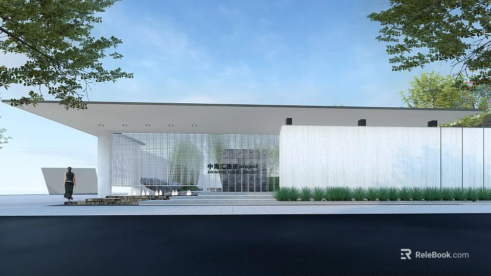 Modern Entry Gate Design With Glass Facade Waterfall Feature And Landscaping Trees 3d model