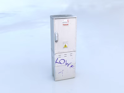 Industrial Equipment Silver Metal Cabinet With Warning Sign And LOW Marking In White Background 3d model
