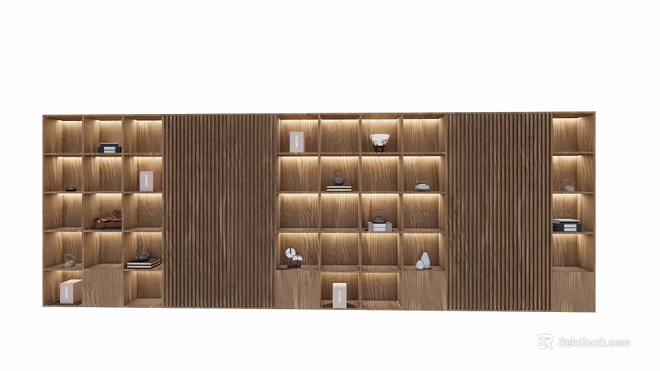 Modern Wooden Display Shelves With Illuminated Layered Design And Decorative Items 3d model 