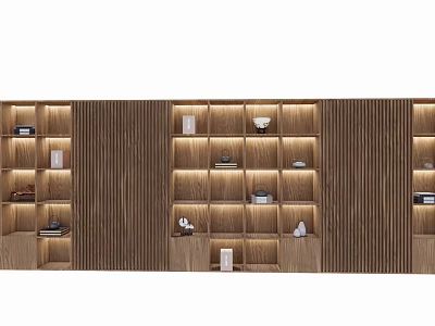 Modern Wooden Display Shelves With Illuminated Layered Design And Decorative Items 3d model