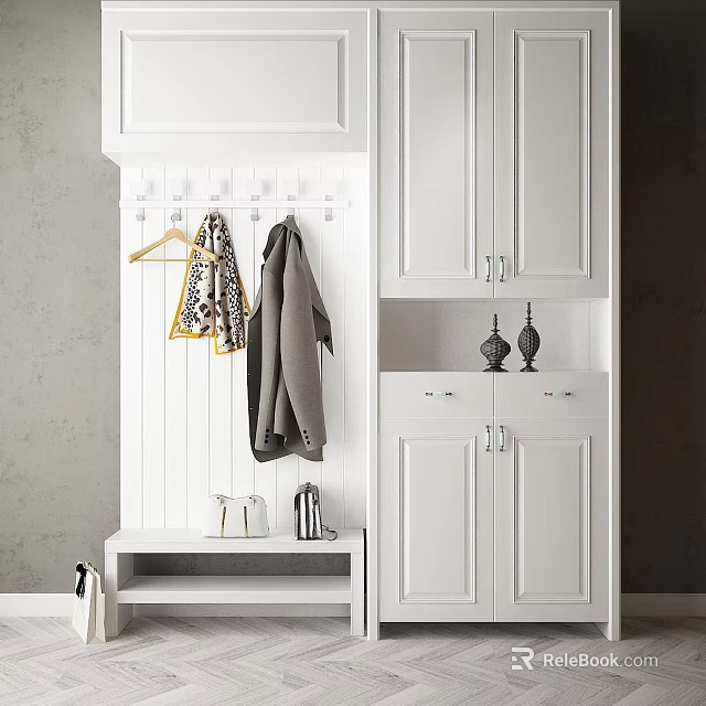 White Entryway With Wall Mounted Coat Hooks Cabinets And Decorative Items 3d model