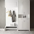 White Entryway With Wall Mounted Coat Hooks Cabinets And Decorative Items 3d model