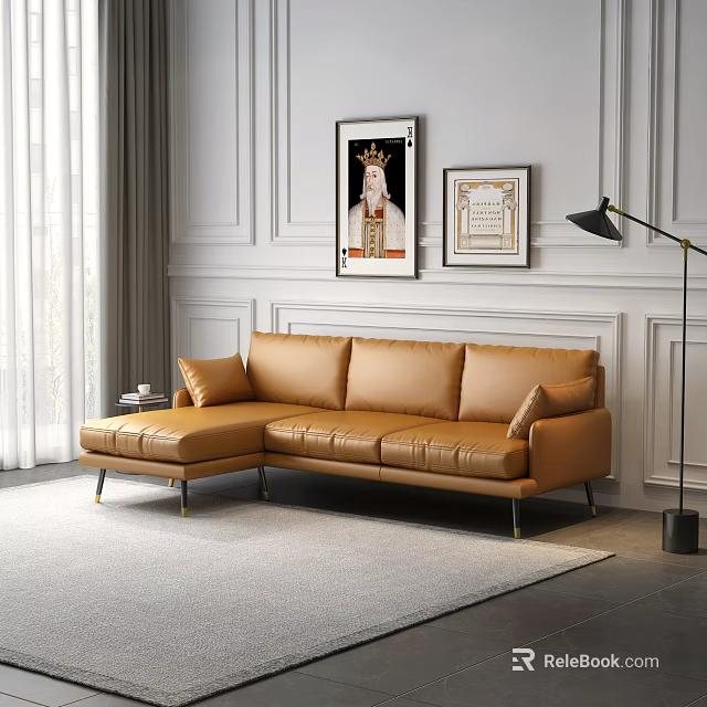 Modern Tan Leather Sectional Sofa With Framed Art And Floor Lamp 3d model