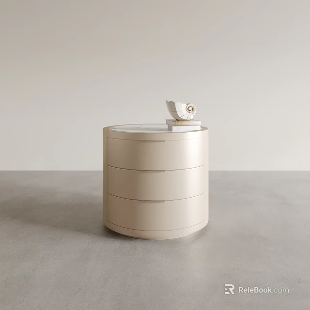 Modern Minimalist Beige Round Nightstand With Three Drawers And Decorative Item In Light Room Setting 3d model 