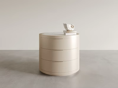 Modern Minimalist Beige Round Nightstand With Three Drawers And Decorative Item In Light Room Setting 3d model