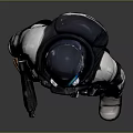 Futuristic Character In Biomechanical Armor Standing With Glowing Blue Visor And Weapon