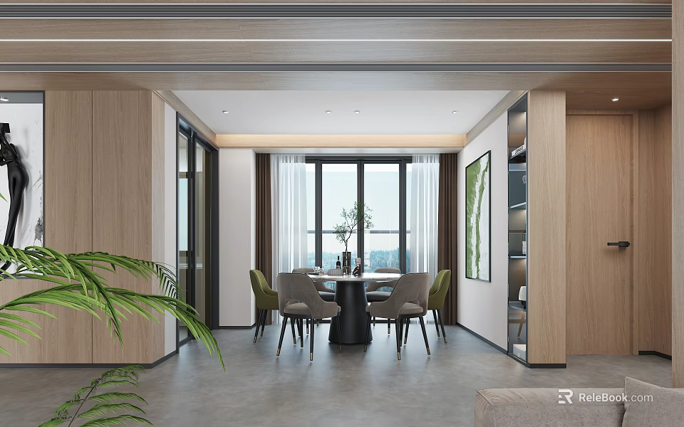 Modern Dining Room Interior With Round Dining Table Green Chairs Large Windows And Wooden Cabinets 3d model 