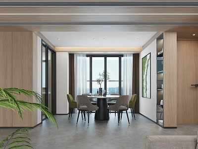 Modern Dining Room Interior With Round Dining Table Green Chairs Large Windows And Wooden Cabinets 3d model